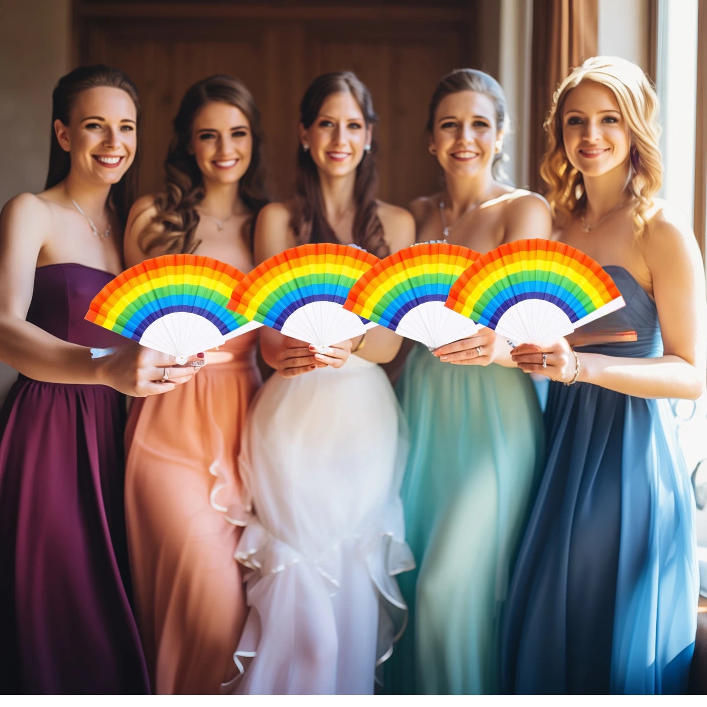 12pcs 7 inch rainbow folding fan fabric craft fan dance props wedding party set decoration cool fan