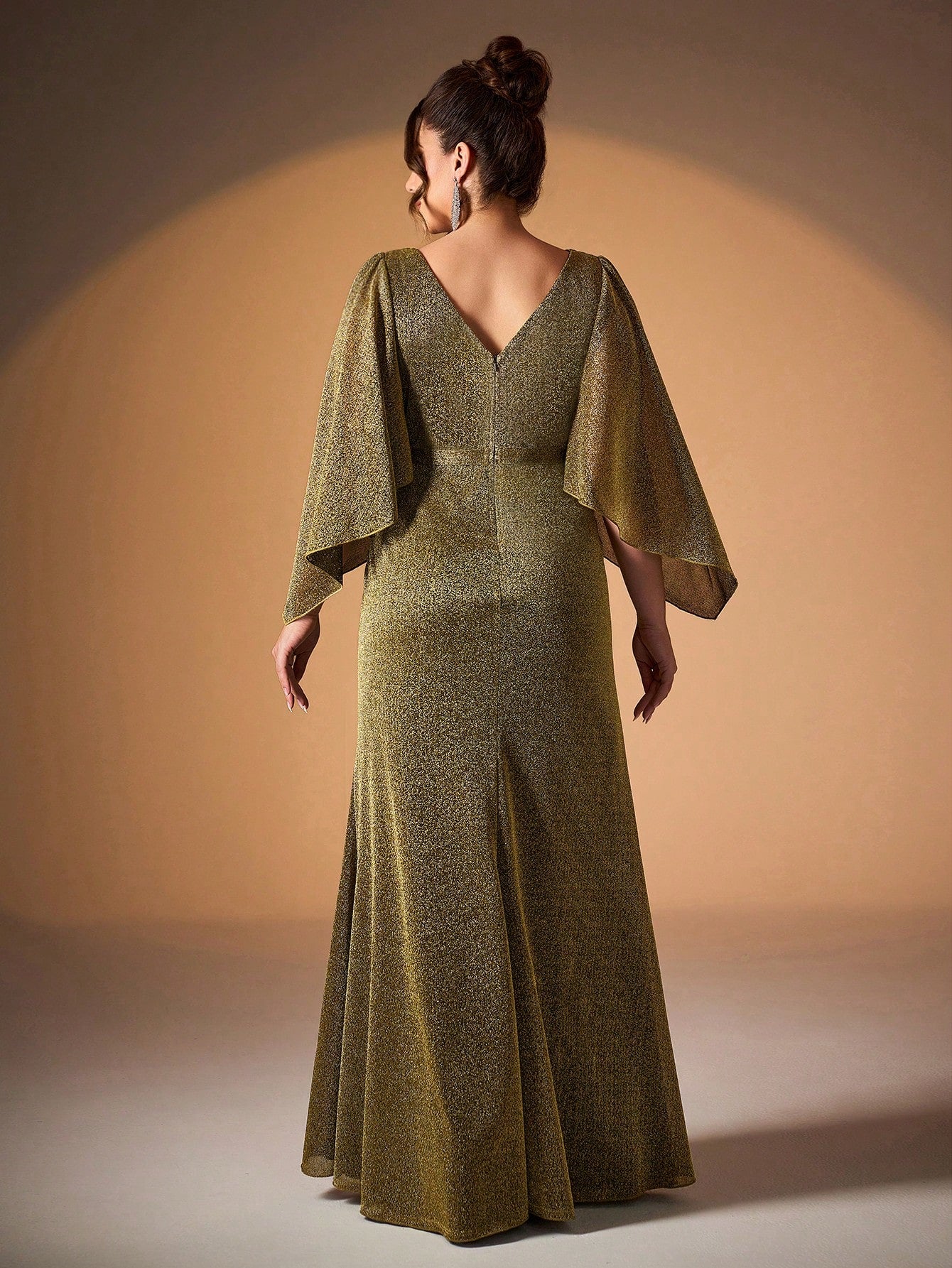 Gold Design V Neck Irregular Long Sleeve Slit Banquet Hosting Evening Dresses