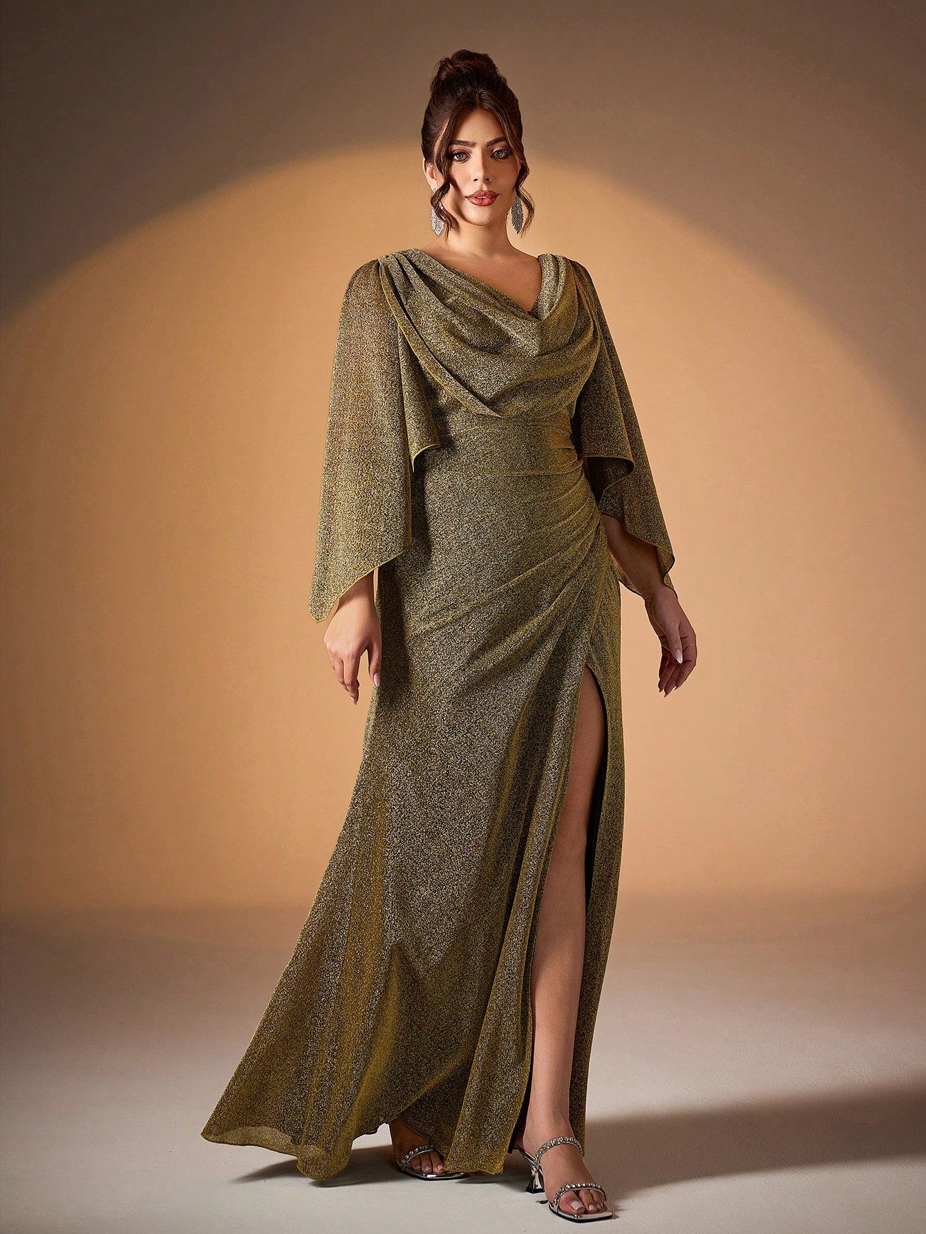Gold Design V Neck Irregular Long Sleeve Slit Banquet Hosting Evening Dresses