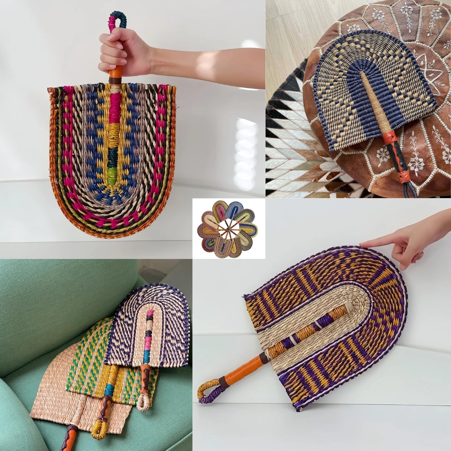 1pcs Small Seagrass Weaving Fan West African Bolga Wall Decorative Fan Home Background Wall Decor Daily Summer Hand Crank Fan