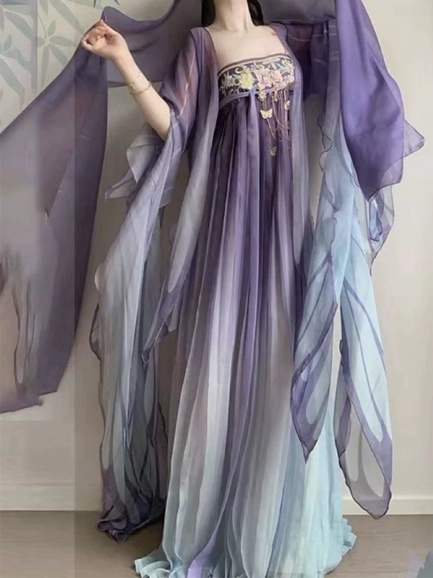 Tang system cheongsam chest big sleeve shirt super fairy floating daily hanbok ancient style exquisite gradient color suit