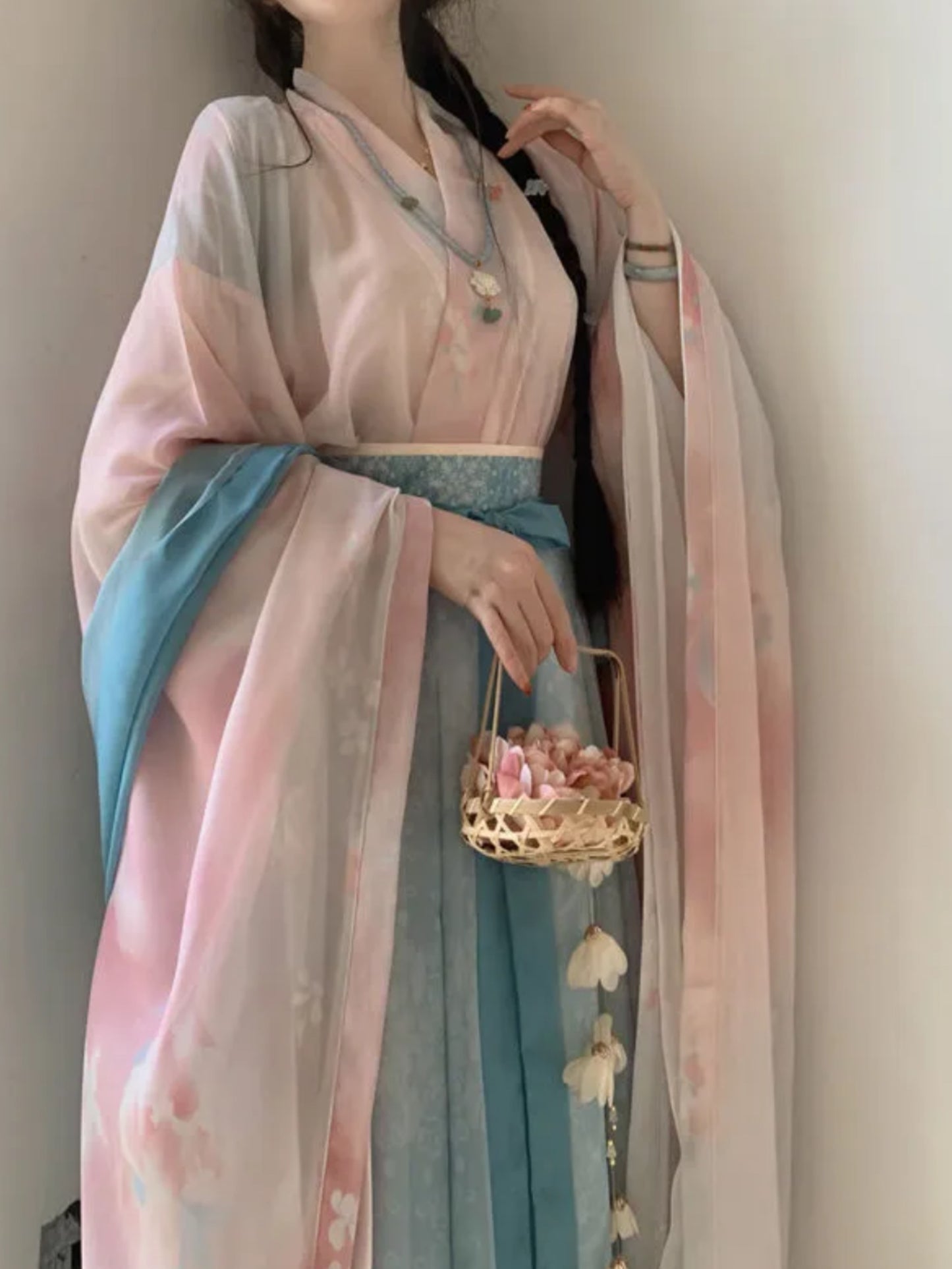 Wei Jin style Leaving the people song super fairy ethereal printing cross neck wide sleeve eight broken dress ancient costume daily female