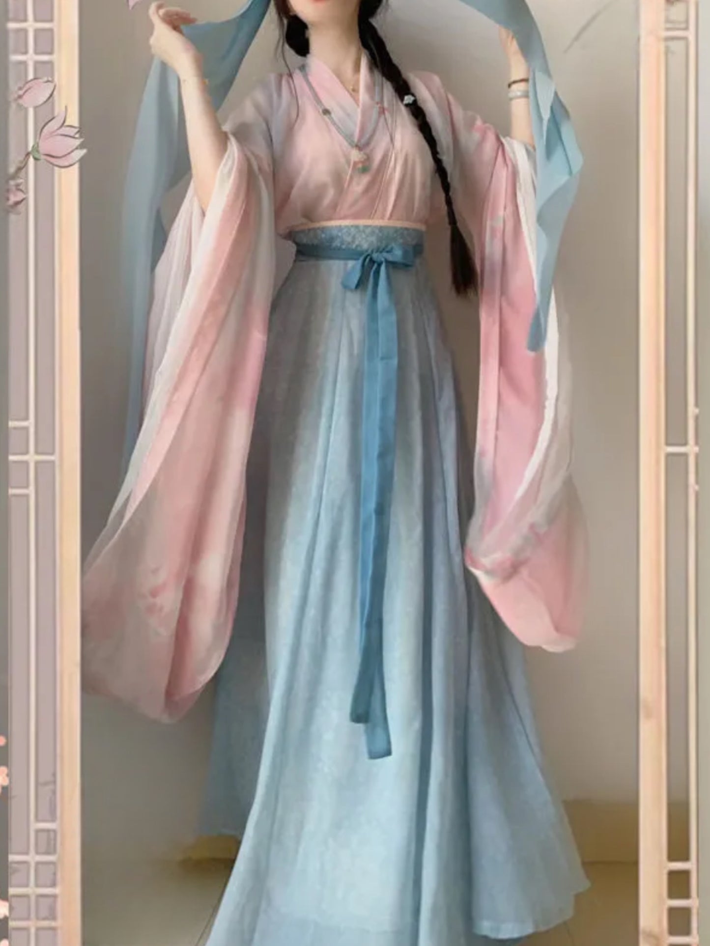 Wei Jin style Leaving the people song super fairy ethereal printing cross neck wide sleeve eight broken dress ancient costume daily female