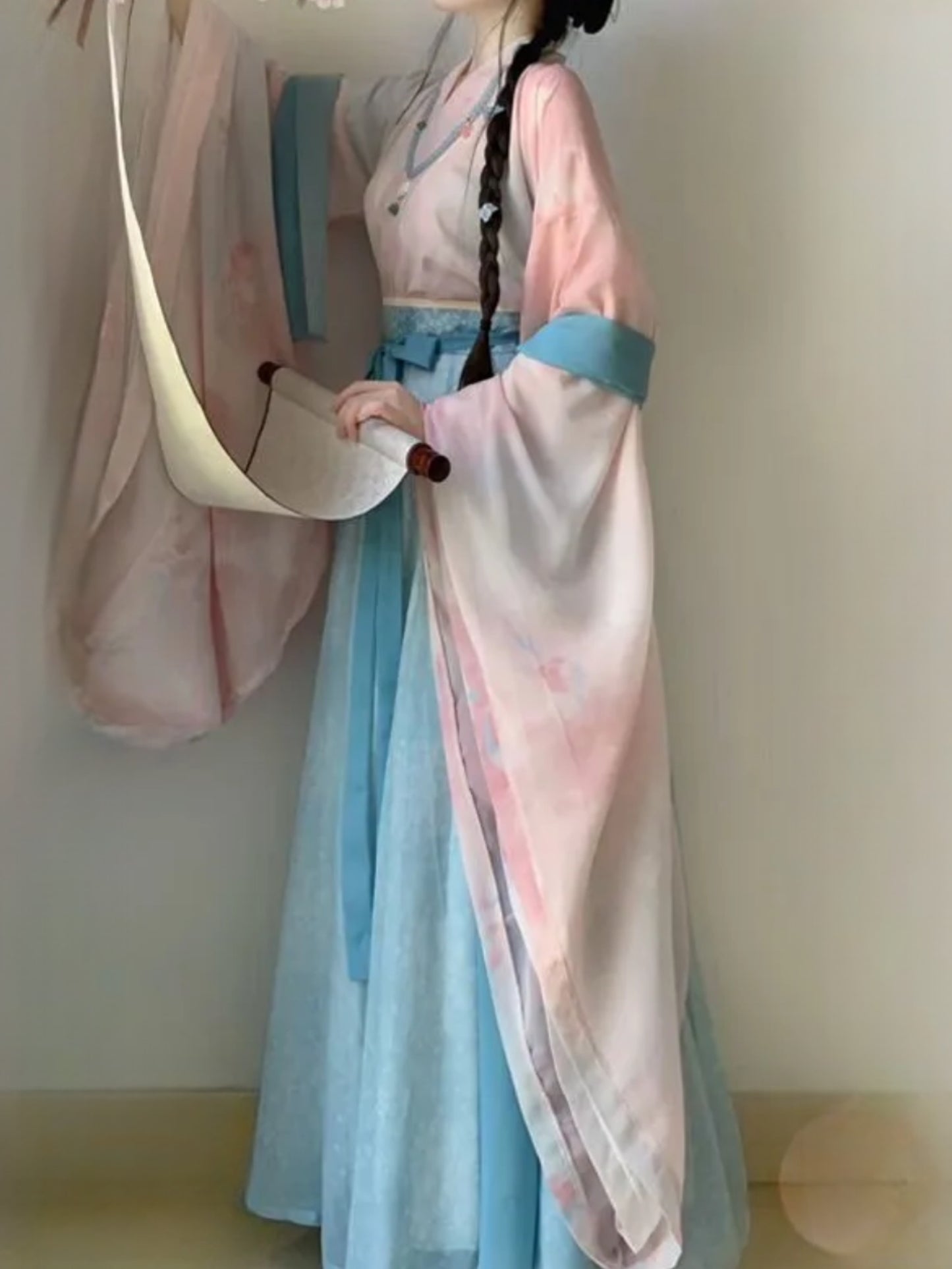 Wei Jin style Leaving the people song super fairy ethereal printing cross neck wide sleeve eight broken dress ancient costume daily female