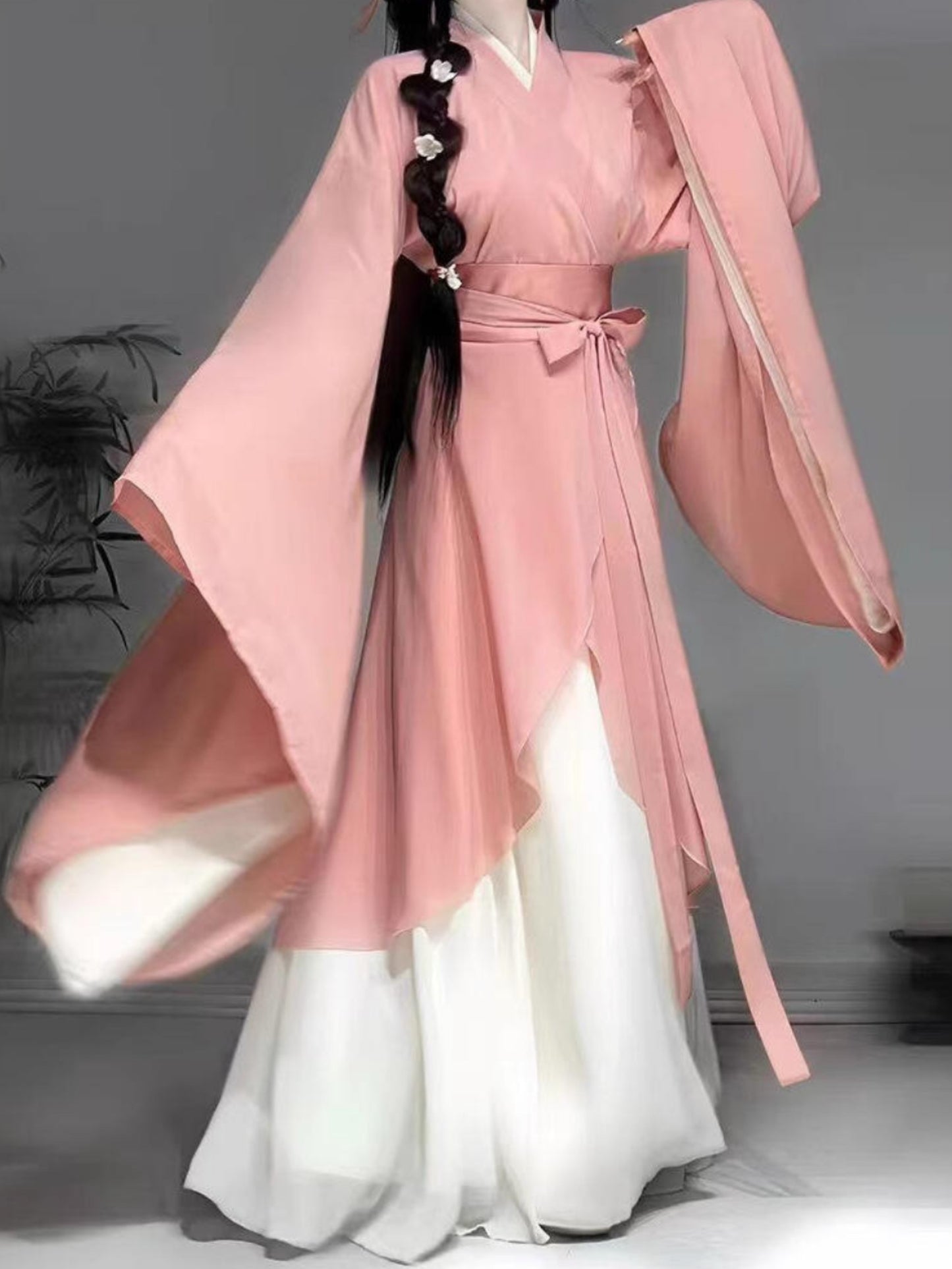Wei Jin and North and South Dynasties Retro Style Big Sleeve Cross Neck Shaped Wrapped Floral Dress Set
