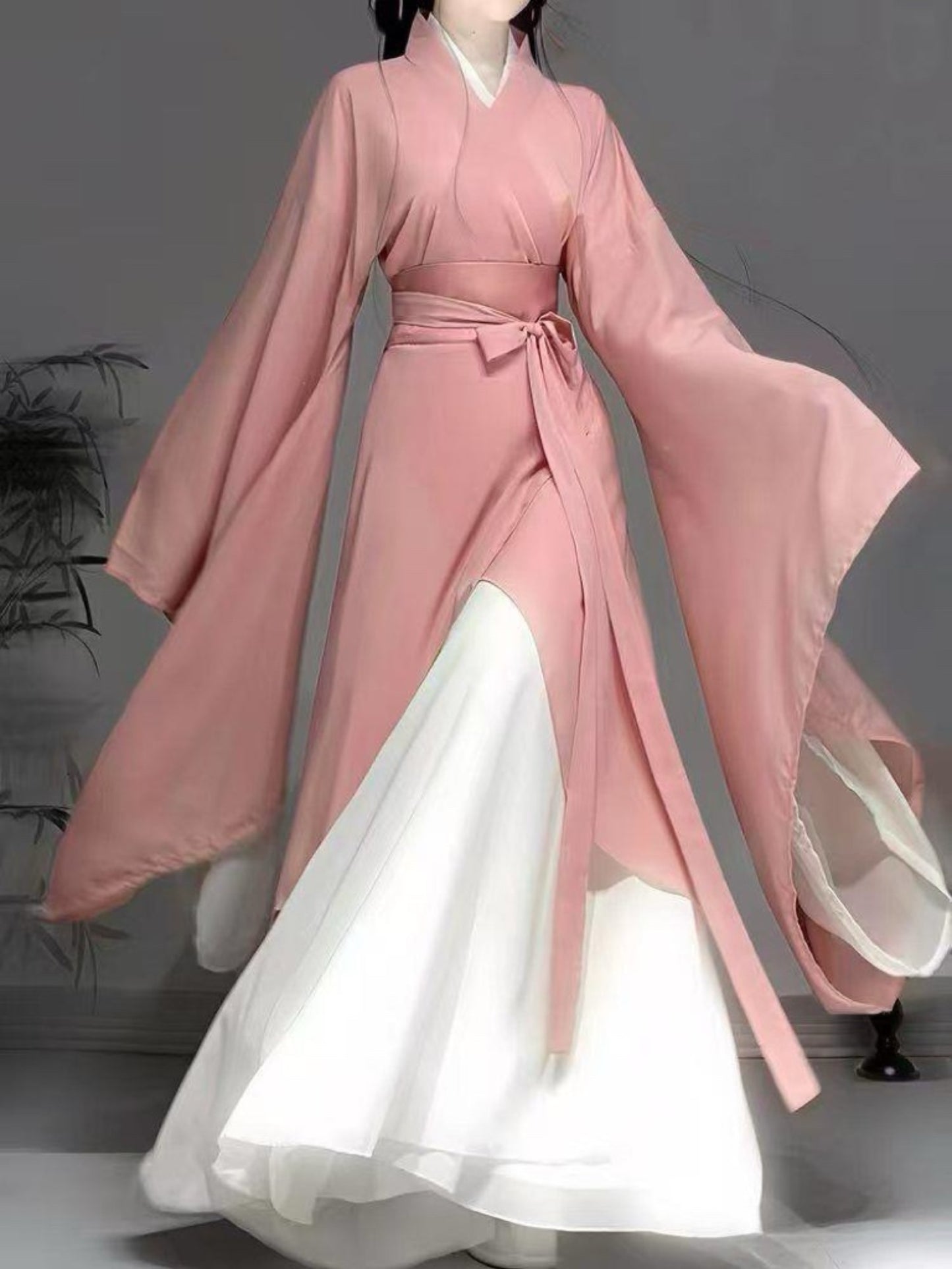 Wei Jin and North and South Dynasties Retro Style Big Sleeve Cross Neck Shaped Wrapped Floral Dress Set