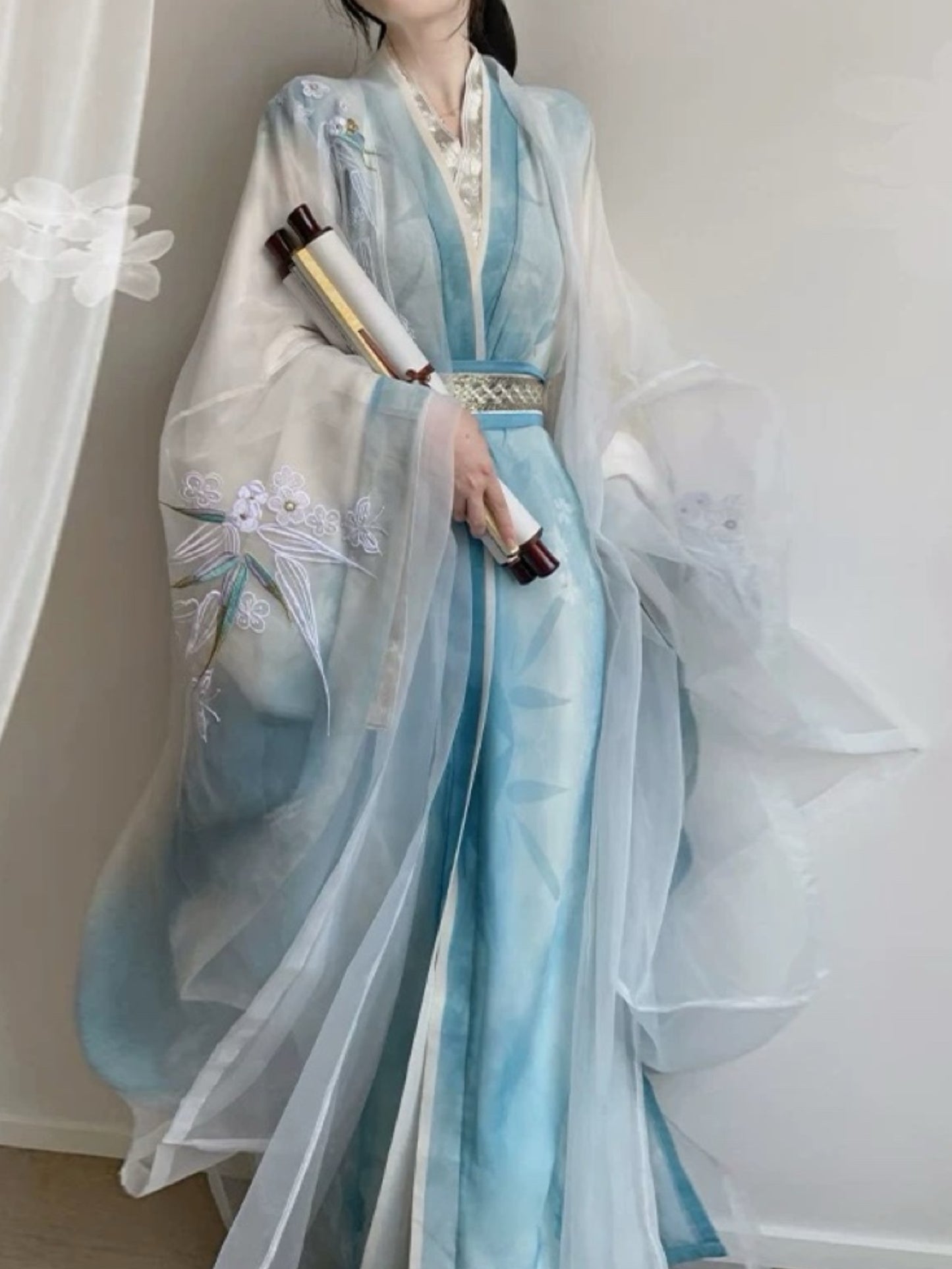 Tang System Big Sleeve Shirt Hanfu Luo Shen Fu Daily Super Immortal Straight Train Heavy Embroidery Daily Super Immortal Set (Outer Big Sleeve + Inner Big Sleeve + Straight Train)