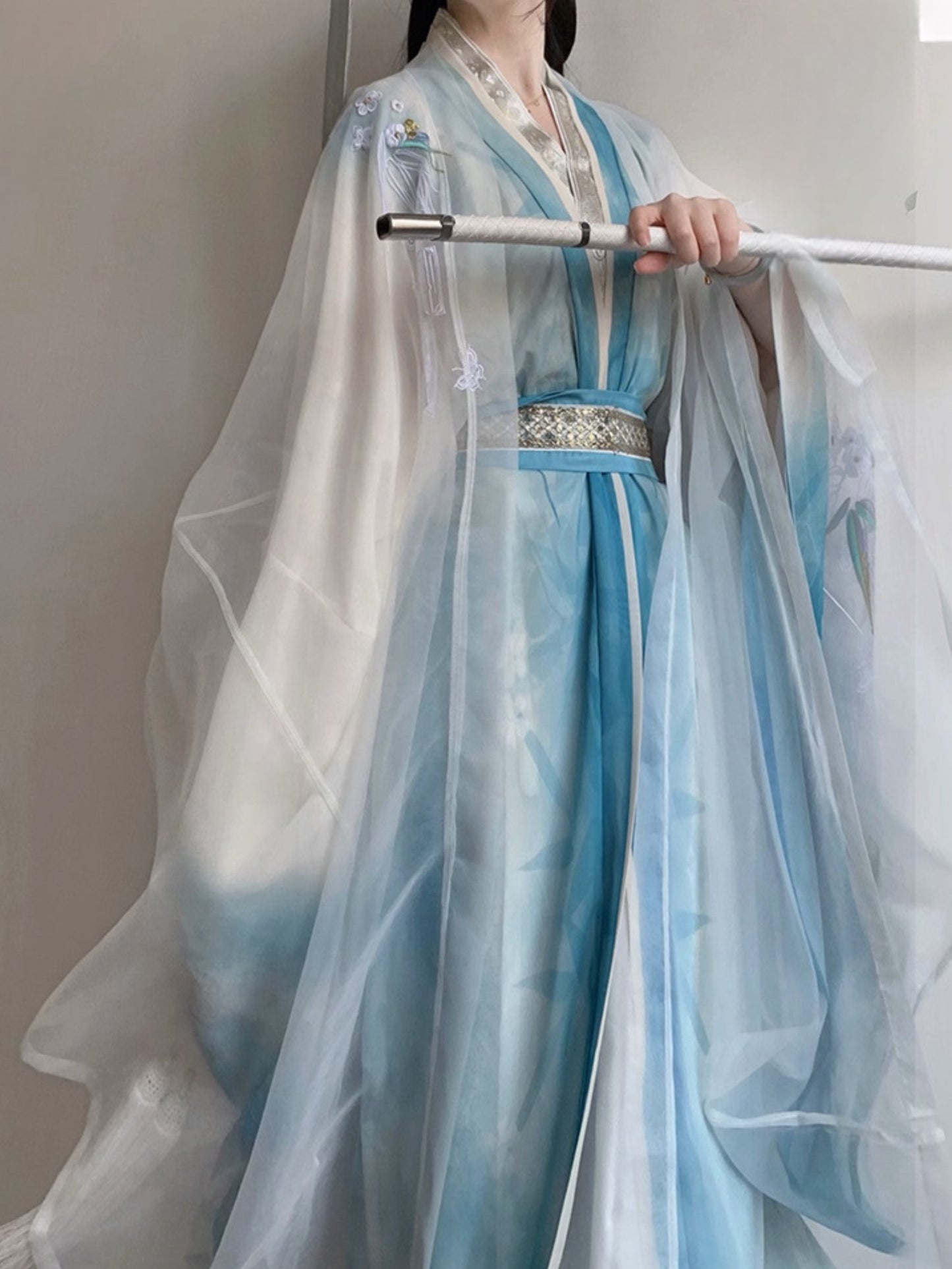 Tang System Big Sleeve Shirt Hanfu Luo Shen Fu Daily Super Immortal Straight Train Heavy Embroidery Daily Super Immortal Set (Outer Big Sleeve + Inner Big Sleeve + Straight Train)