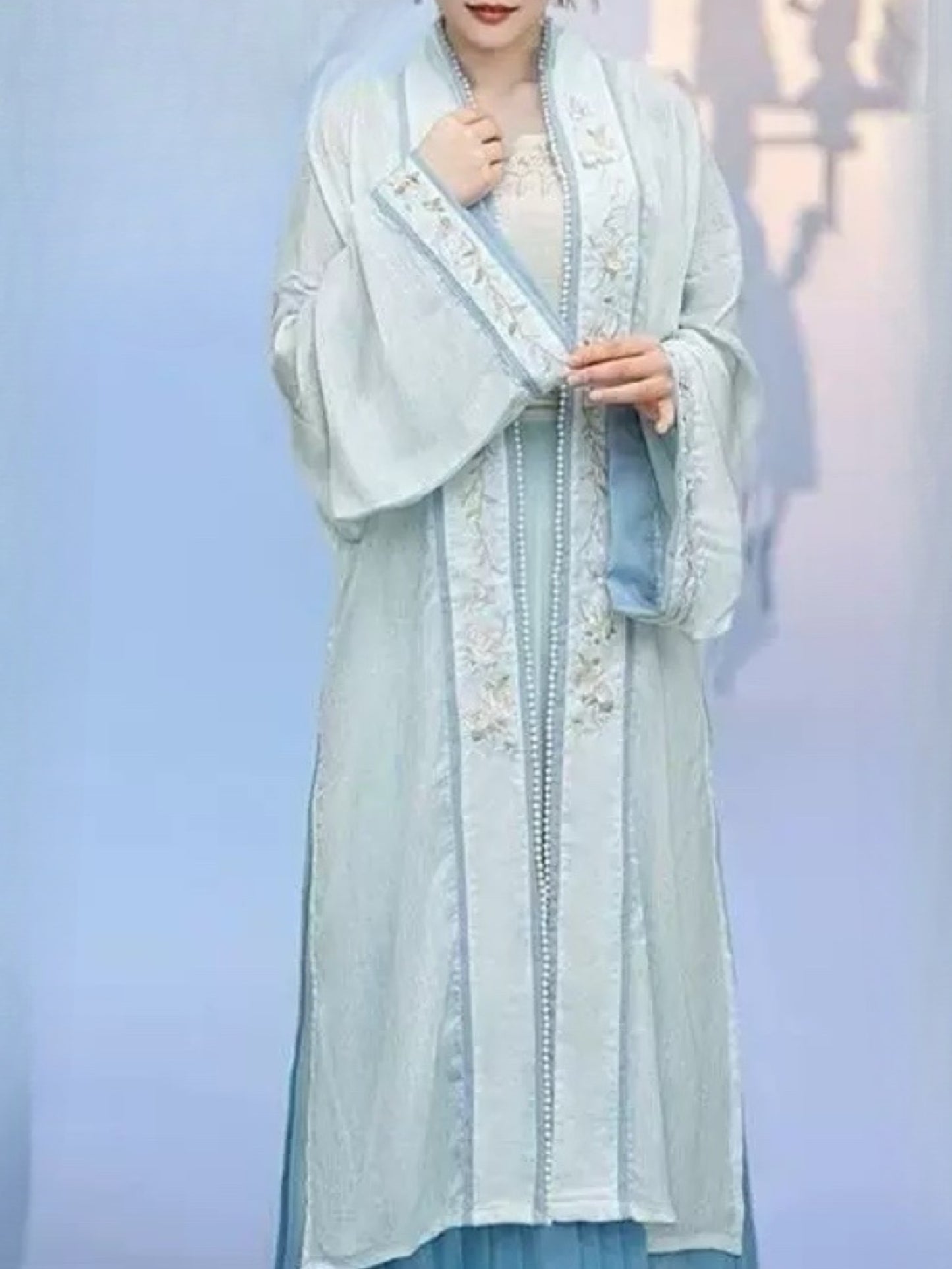 National Style Improved Song Hanbok Sling Heavy Embroidery Pair Lapel Long Shirt One Piece Pleated Skirt Set Women (Big Robe + Sling + Skirt)