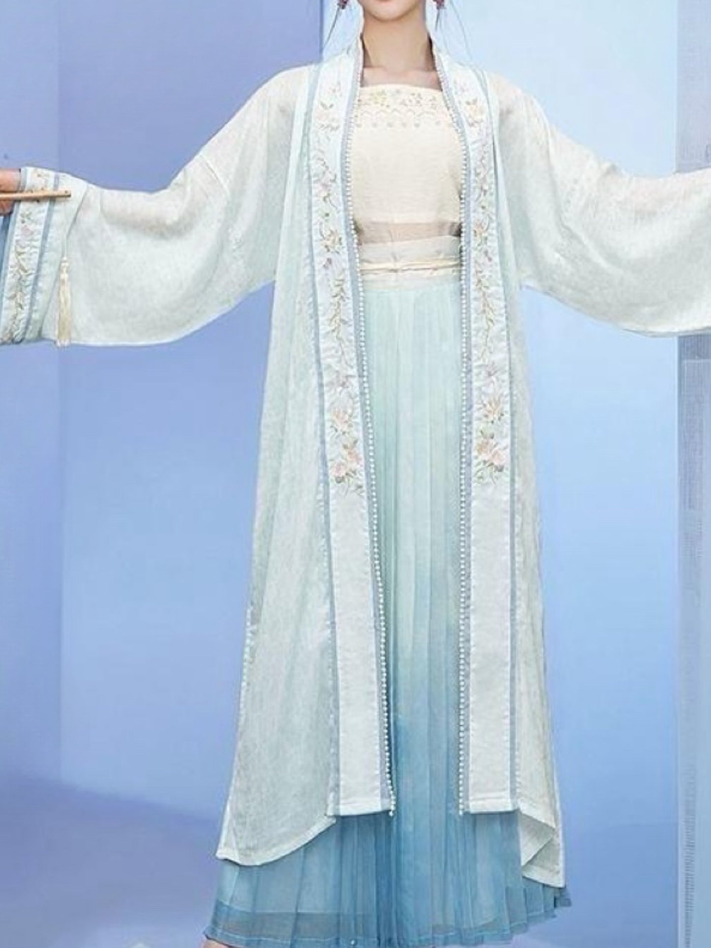 National Style Improved Song Hanbok Sling Heavy Embroidery Pair Lapel Long Shirt One Piece Pleated Skirt Set Women (Big Robe + Sling + Skirt)