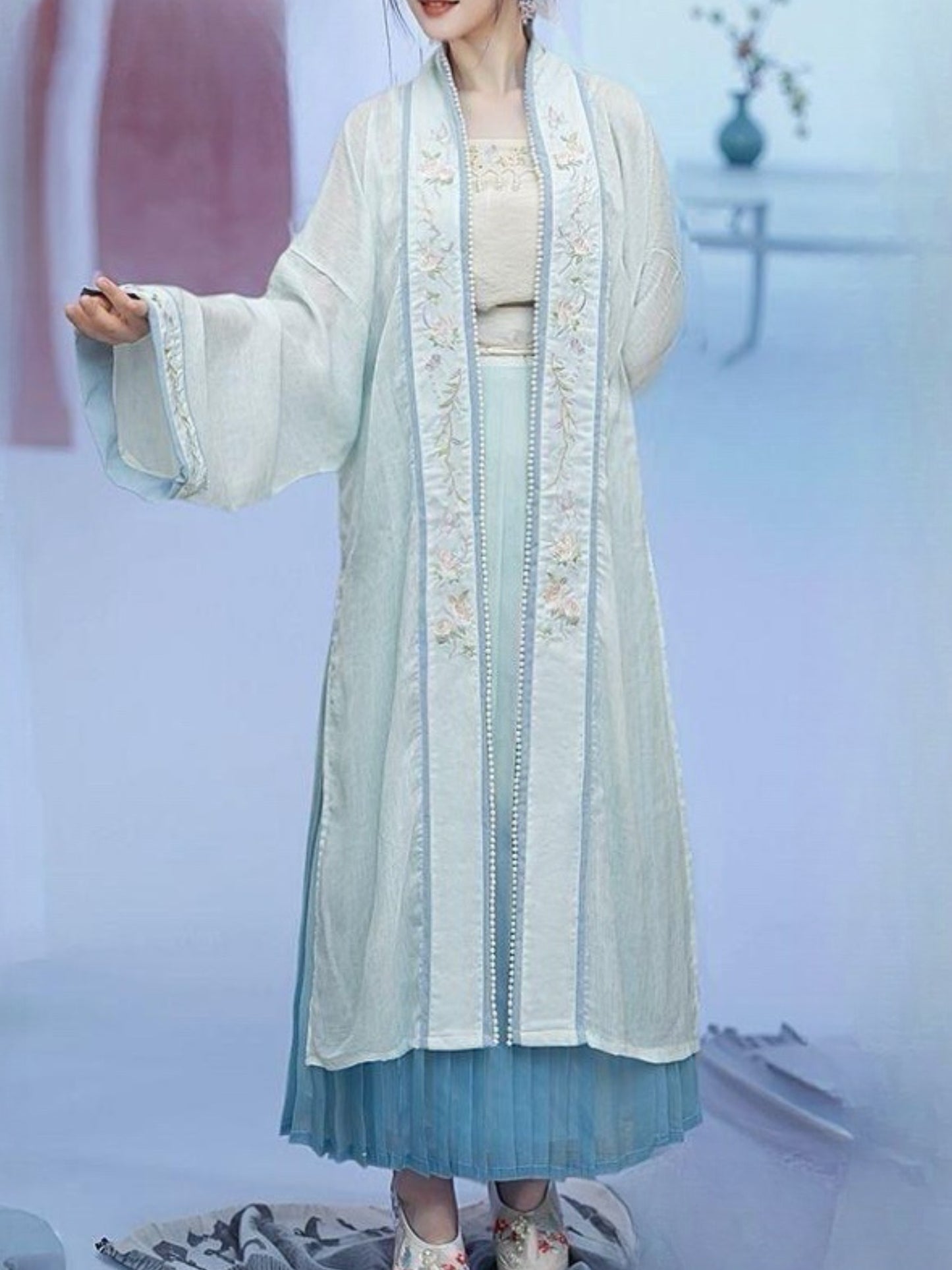 National Style Improved Song Hanbok Sling Heavy Embroidery Pair Lapel Long Shirt One Piece Pleated Skirt Set Women (Big Robe + Sling + Skirt)
