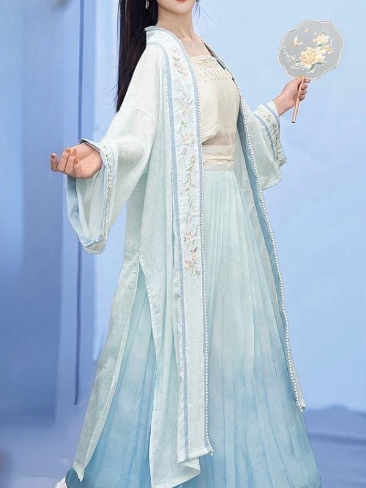 National Style Improved Song Hanbok Sling Heavy Embroidery Pair Lapel Long Shirt One Piece Pleated Skirt Set Women (Big Robe + Sling + Skirt)