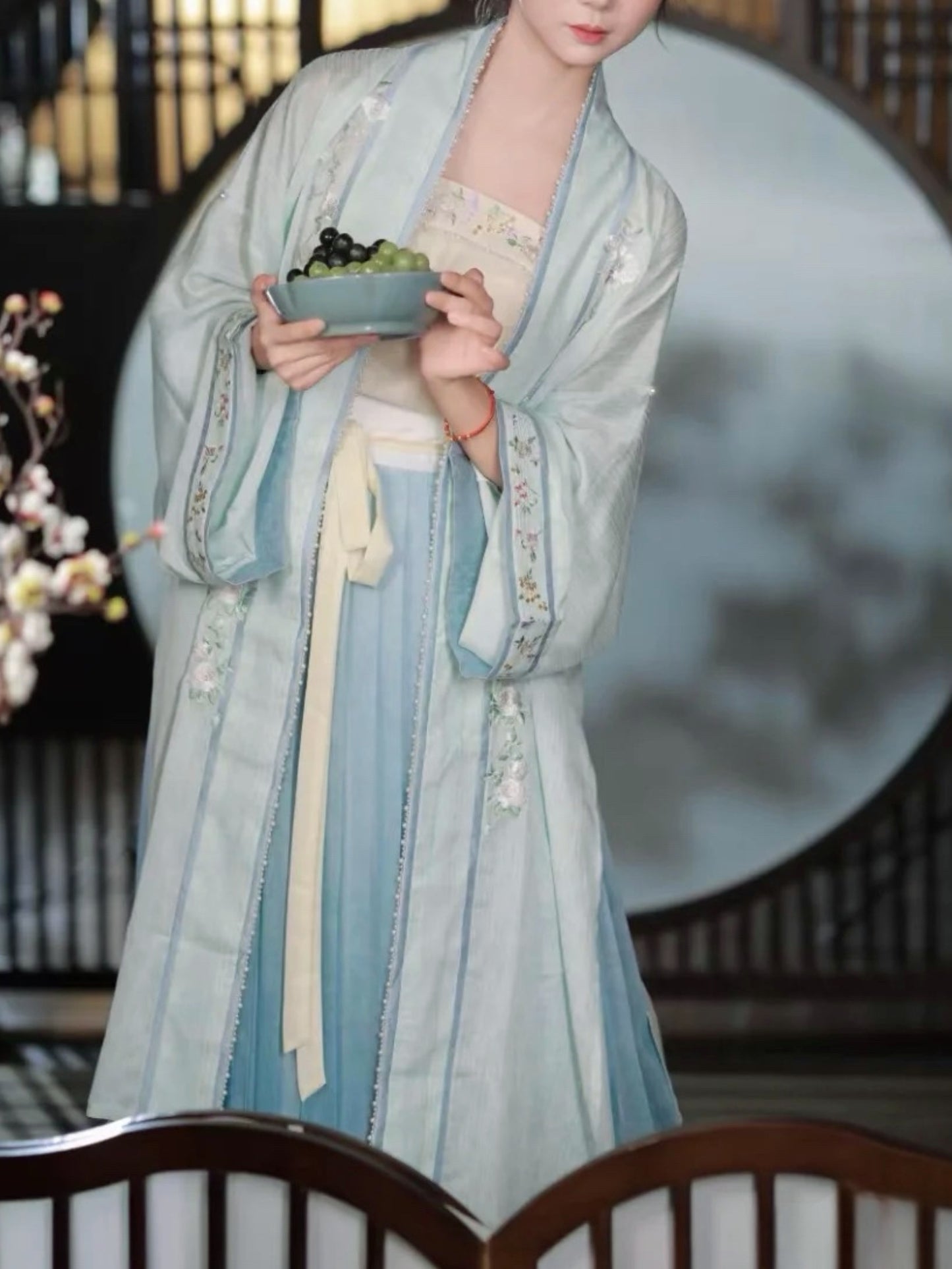 National Style Improved Song Hanbok Sling Heavy Embroidery Pair Lapel Long Shirt One Piece Pleated Skirt Set Women (Big Robe + Sling + Skirt)