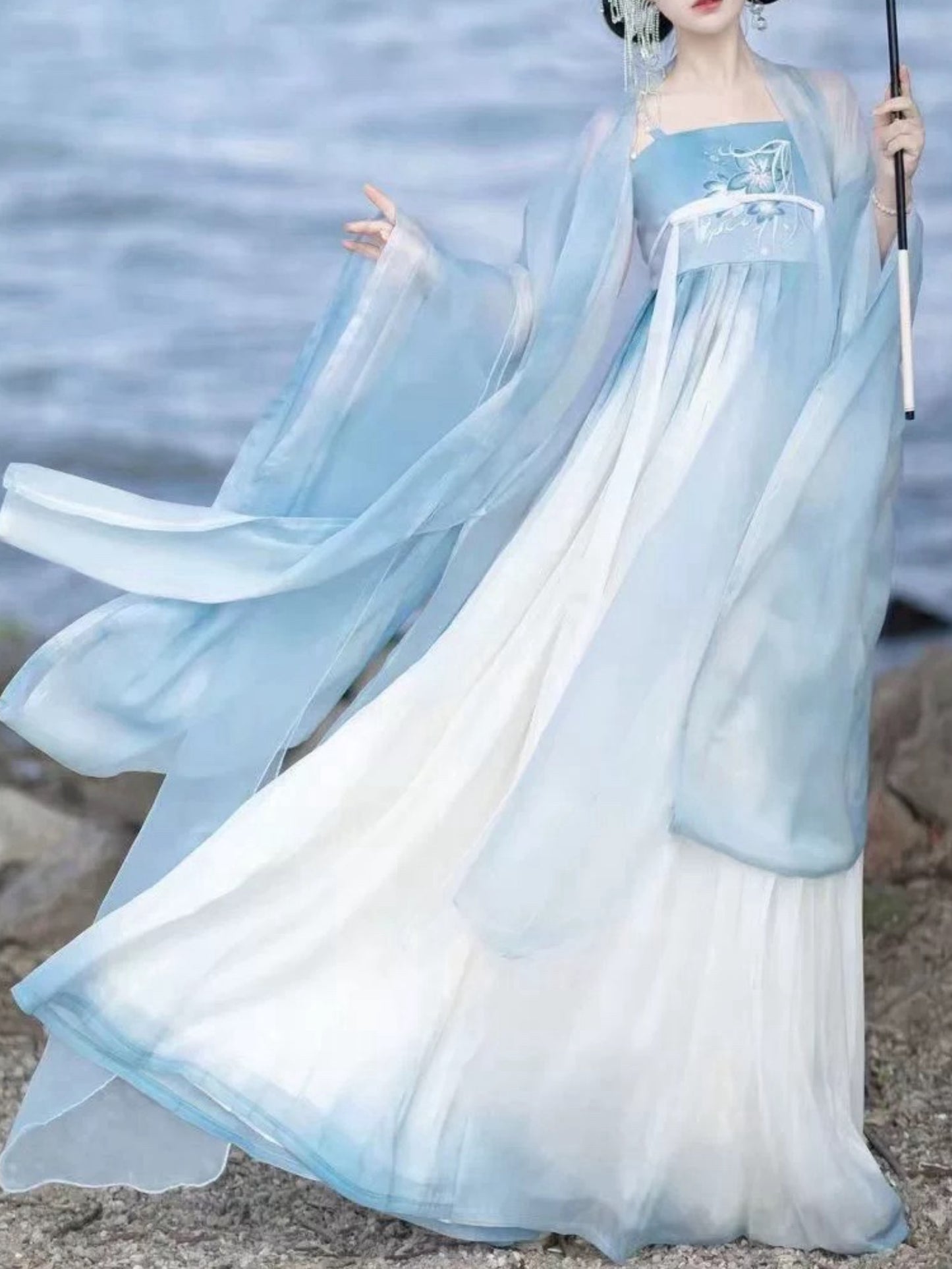 Tang embroidered chevron dress Chinese style super fairy ethereal breasted double layer embroidery large sleeve shirt suit