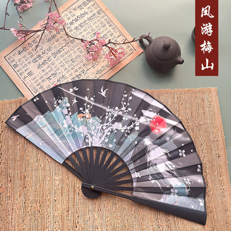 10pcs Chinese style advertising fans Ancient style silk cloth 8-inch folding fan Custom carved folding fan Bar Tiodi China-Chic men's fan