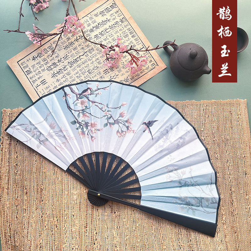 10pcs Chinese style advertising fans Ancient style silk cloth 8-inch folding fan Custom carved folding fan Bar Tiodi China-Chic men's fan