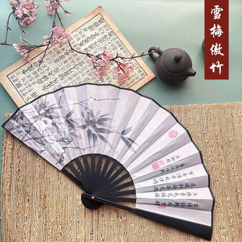 10pcs Chinese style advertising fans Ancient style silk cloth 8-inch folding fan Custom carved folding fan Bar Tiodi China-Chic men's fan