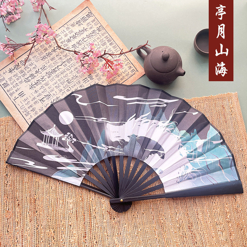 10pcs Chinese style advertising fans Ancient style silk cloth 8-inch folding fan Custom carved folding fan Bar Tiodi China-Chic men's fan