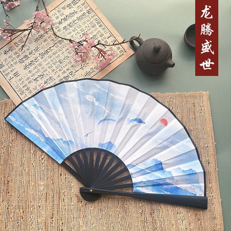 10pcs Chinese style advertising fans Ancient style silk cloth 8-inch folding fan Custom carved folding fan Bar Tiodi China-Chic men's fan