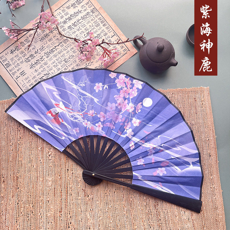 10pcs Chinese style advertising fans Ancient style silk cloth 8-inch folding fan Custom carved folding fan Bar Tiodi China-Chic men's fan