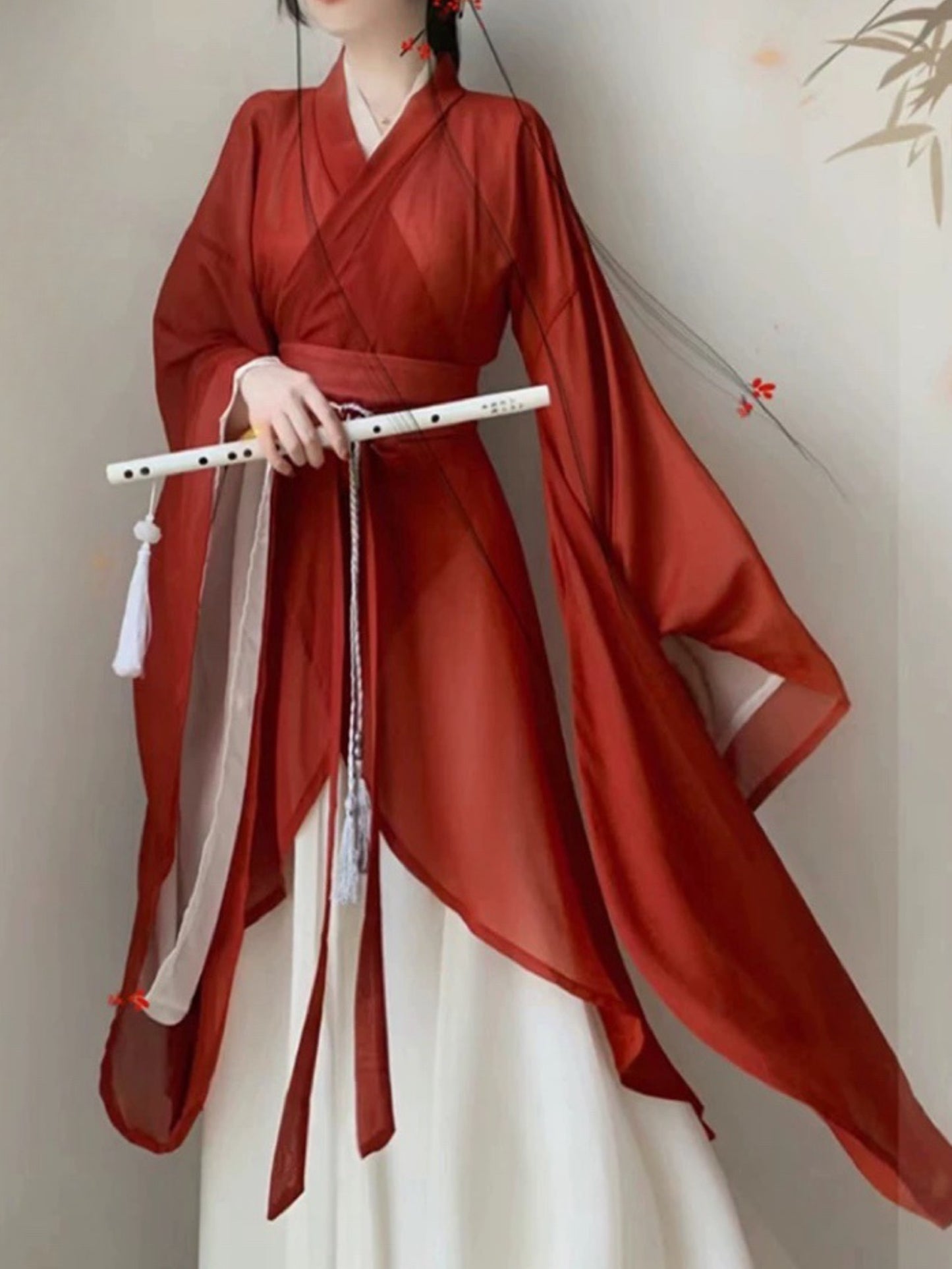 New North and South Dynasty restoration Wei Jin style Hanbok female big sleeve cross neck heteromorphic round robe broken skirt models red martial arts female style Hanfu