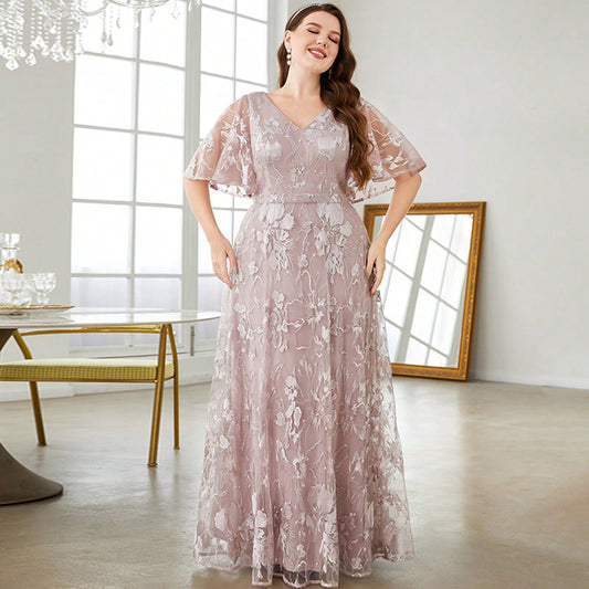Evening Gowns Plus Size V Neck Lace Embroidery Flared Sleeve Hem Short Sleeve Dresses Prom Dresses Party Dresses Bridesmaid Dresses