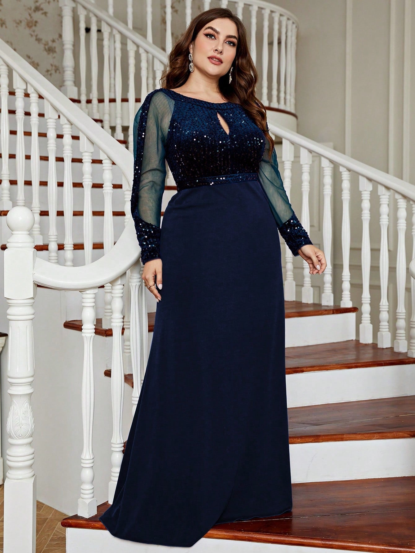 Navy Blue Design Sequins Chiffon Splicing Long Sleeve High Waist Performance Dress Hosting Banquet Evening Gowns