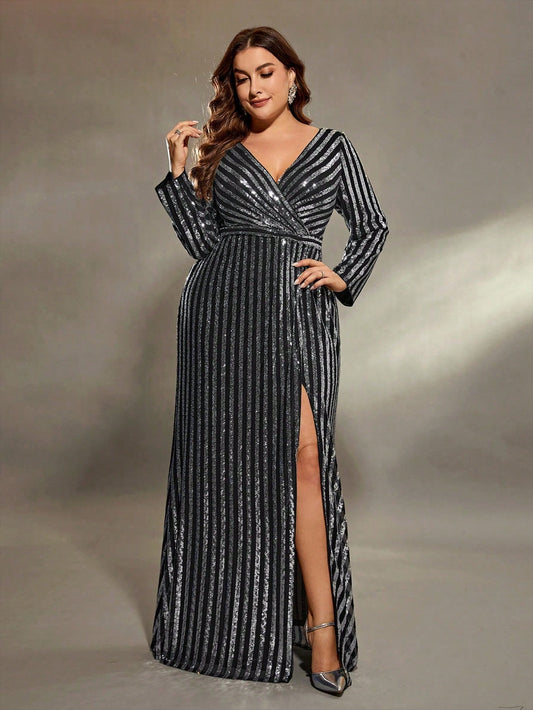 Silver Sequins Striped V-Neck Design Gowns Dresses High Banquet Gowns High Split Package Hip Dresses Evening Gowns