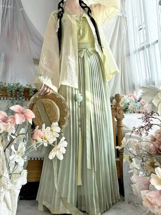 Hanfu Modified Women Amoy Pleated Skirt Round Neck Shirt Embroidery Breathable Fresh Daily Set (Tunic + Suspenders + Half Skirt)