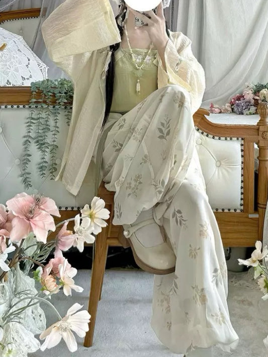 Hanfu Modified Women Amoy Lantern Pants Round Neck Shirt Embroidery Breathable Fresh Daily Set (Tunic + Camisole + Lantern Pants)