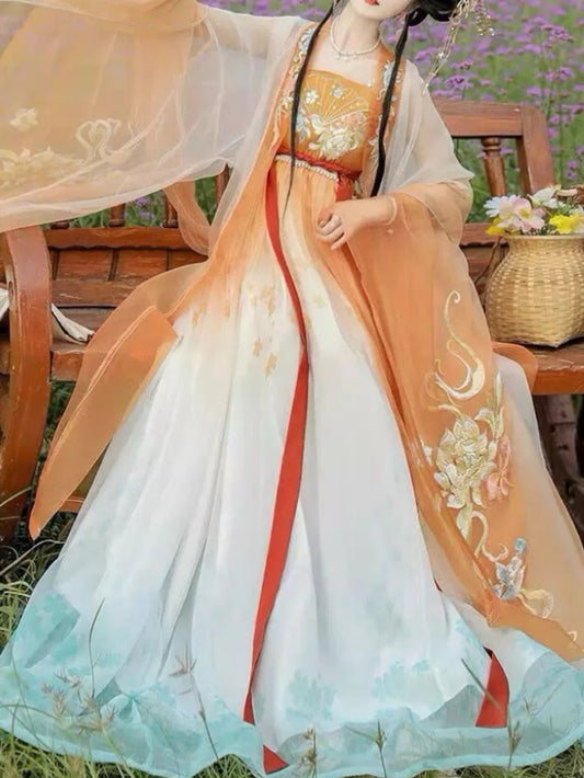 Tang system hanfu super fairy one-piece Qi chest chevron dress flow fairy dress heavy embroidery big sleeve shirt spring and summer new suit women