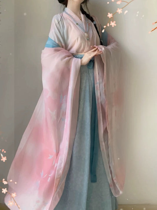 Wei Jin style Leaving the people song super fairy ethereal printing cross neck wide sleeve eight broken dress ancient costume daily female