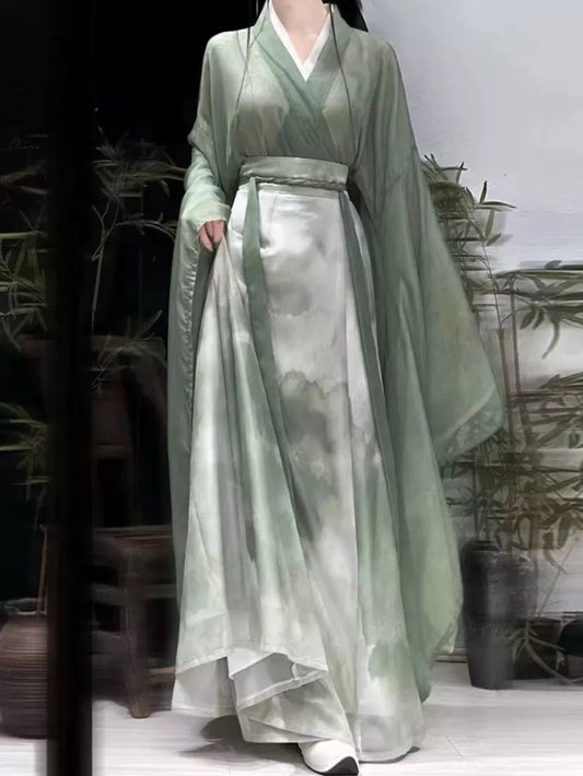 Wei Jin  War Robe Hanfu Women Ancient Qingleng Wind Cross Lapel Big Sleeve Chinese Style Immortal Flowing Jin System Cross Neck Skirt Chivalrous Suit