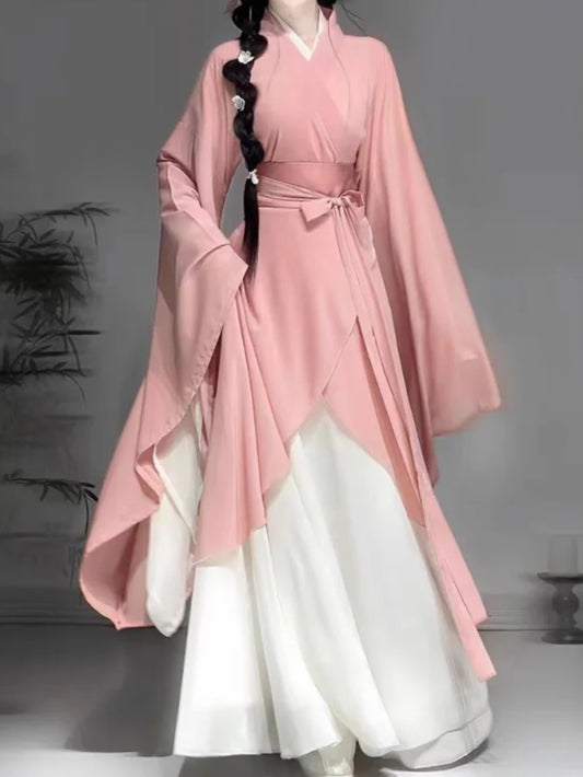 Wei Jin and North and South Dynasties Retro Style Big Sleeve Cross Neck Shaped Wrapped Floral Dress Set