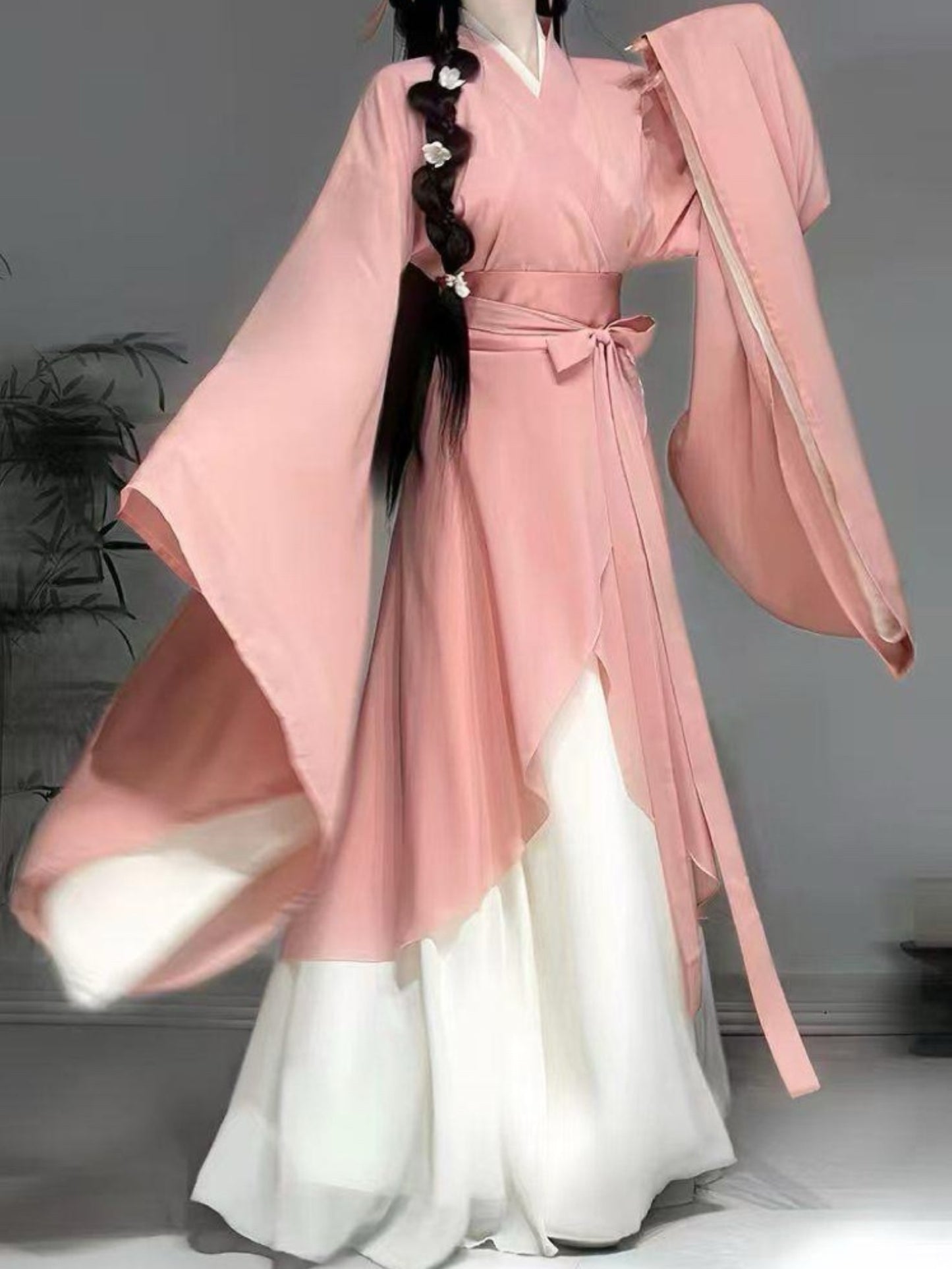 Wei Jin and North and South Dynasties Retro Style Big Sleeve Cross Neck Shaped Wrapped Floral Dress Set