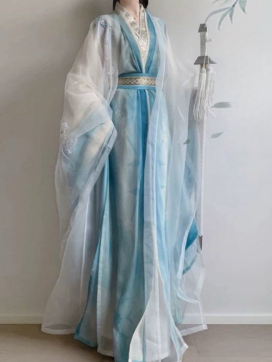 Tang System Big Sleeve Shirt Hanfu Luo Shen Fu Daily Super Immortal Straight Train Heavy Embroidery Daily Super Immortal Set (Outer Big Sleeve + Inner Big Sleeve + Straight Train)