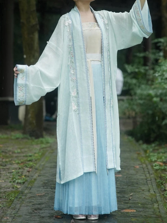 National Style Improved Song Hanbok Sling Heavy Embroidery Pair Lapel Long Shirt One Piece Pleated Skirt Set Women (Big Robe + Sling + Skirt)
