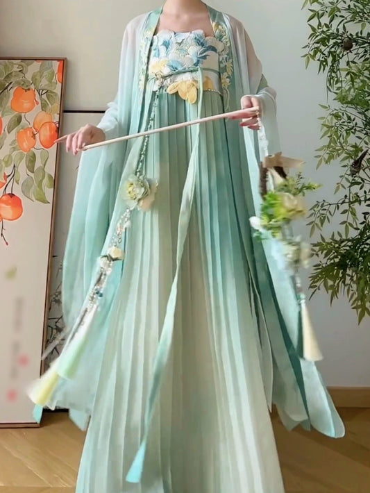 Tang system Hanfu female four seasons spring heavy embroidery improved chest chevron dress big sleeve shirt suit spring and summer models