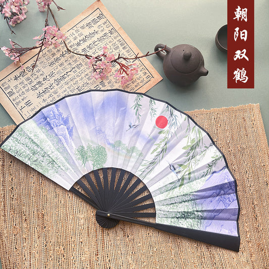 10pcs Chinese style advertising fans Ancient style silk cloth 8-inch folding fan Custom carved folding fan Bar Tiodi China-Chic men's fan