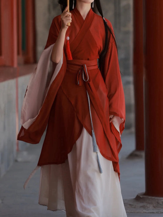 New North and South Dynasty restoration Wei Jin style Hanbok female big sleeve cross neck heteromorphic round robe broken skirt models red martial arts female style Hanfu