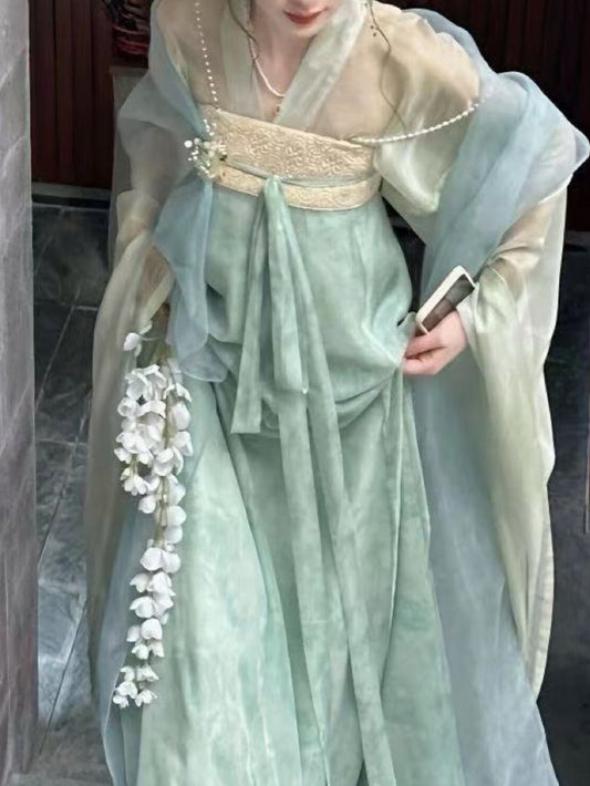 Han Element Tang system super fairy ethereal ancient style Lapel Qi chest dress fresh hanbok spring and summer daily new light green hanfu