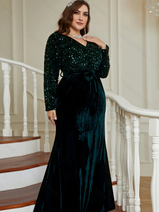 Europe and the United States large size women's fall and winter new long-sleeved gold velvet splicing sequins evening dress skirt