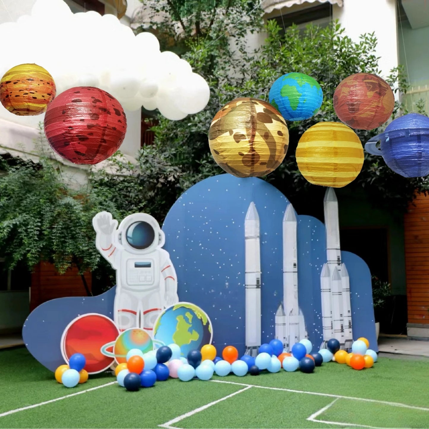 8pcs/set 25cm Planet Planets Outer Space Theme Paper Lanterns Foldable Planet Hanging Decoration Background Garden Birthday Holi