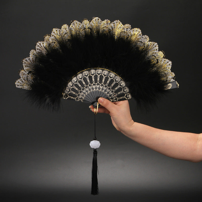 12pcs New Classical Folding Fan with Feathers - Ideal for Cosplay, Fashion Show, and Photo Shoots
