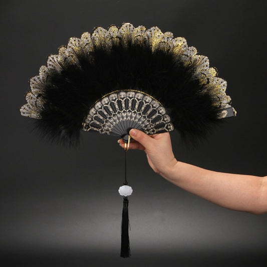 12pcs New Classical Folding Fan with Feathers - Ideal for Cosplay, Fashion Show, and Photo Shoots