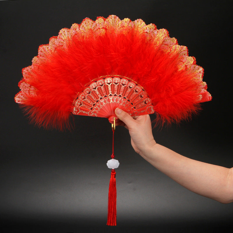 12pcs New Classical Folding Fan with Feathers - Ideal for Cosplay, Fashion Show, and Photo Shoots