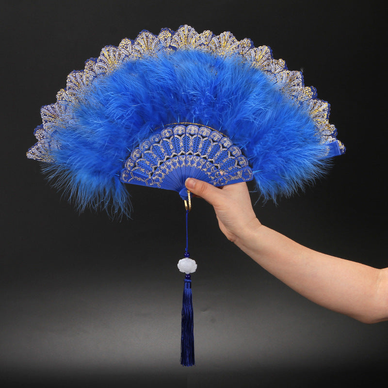12pcs New Classical Folding Fan with Feathers - Ideal for Cosplay, Fashion Show, and Photo Shoots