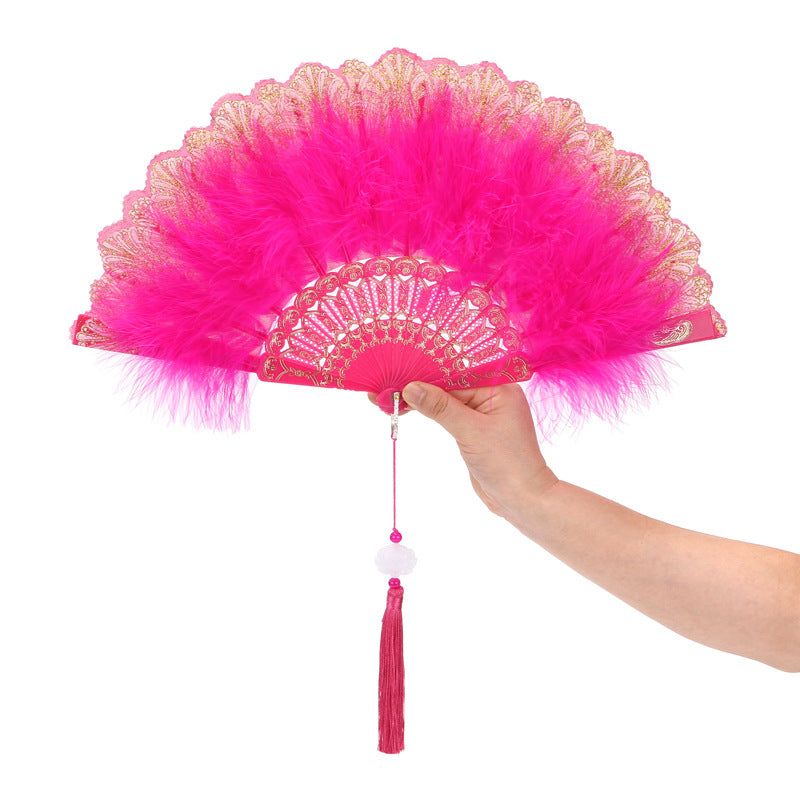 12pcs New Classical Folding Fan with Feathers - Ideal for Cosplay, Fashion Show, and Photo Shoots