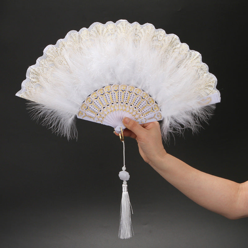 12pcs New Classical Folding Fan with Feathers - Ideal for Cosplay, Fashion Show, and Photo Shoots