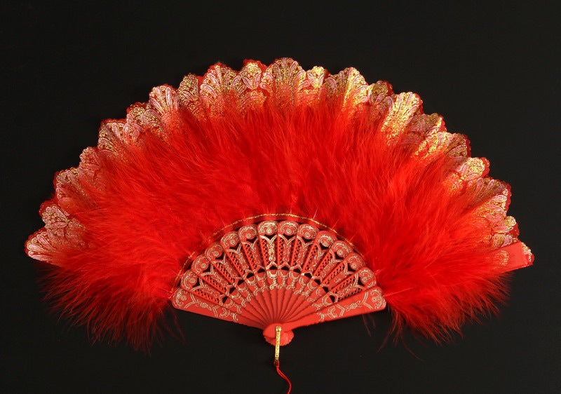 12pcs New Classical Folding Fan with Feathers - Ideal for Cosplay, Fashion Show, and Photo Shoots